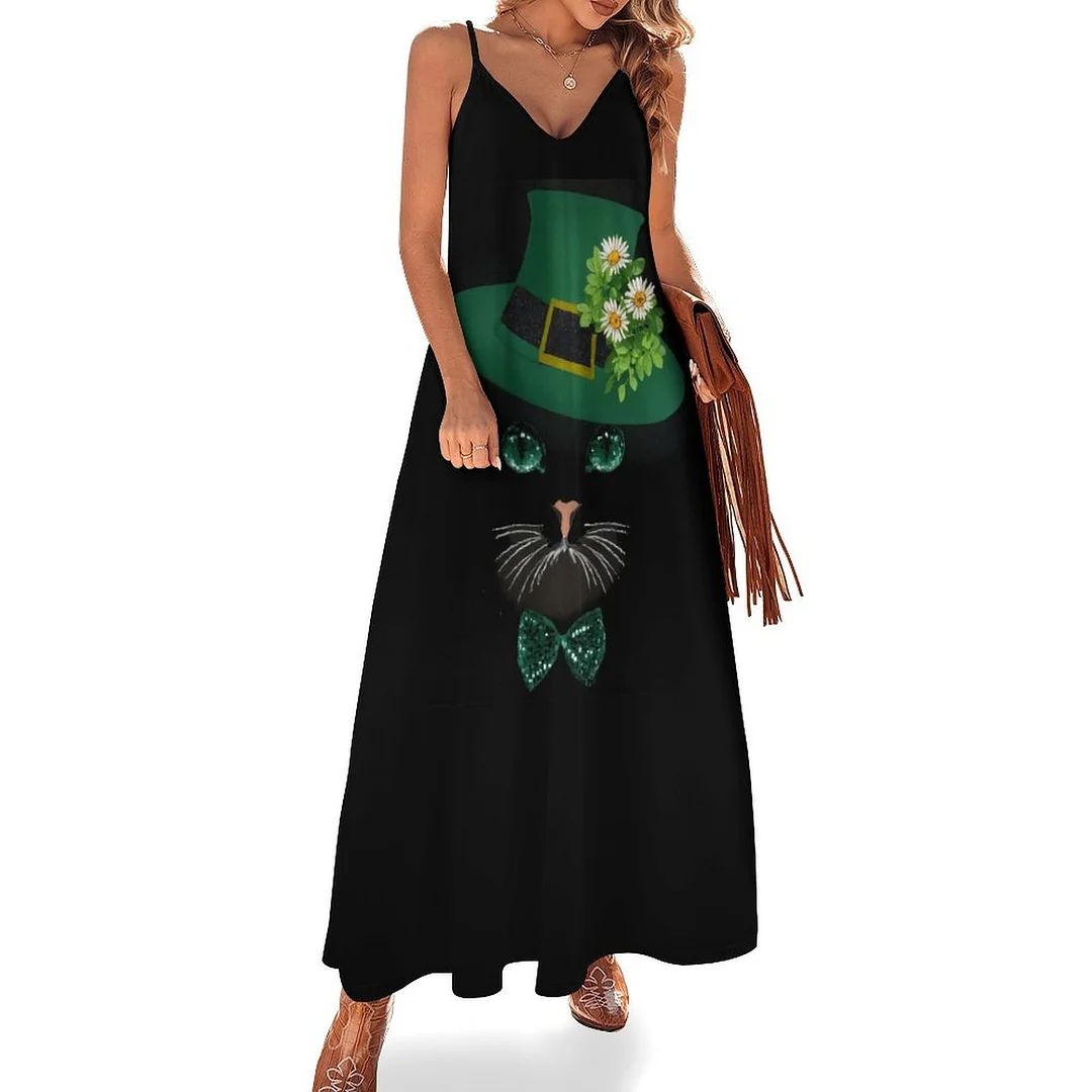 Style & Comfort for Mature Women Plus Size Printed Sling Casual Women Maxi Dress in Pattern St. Patrick's Day, Green, Clover, Lucky