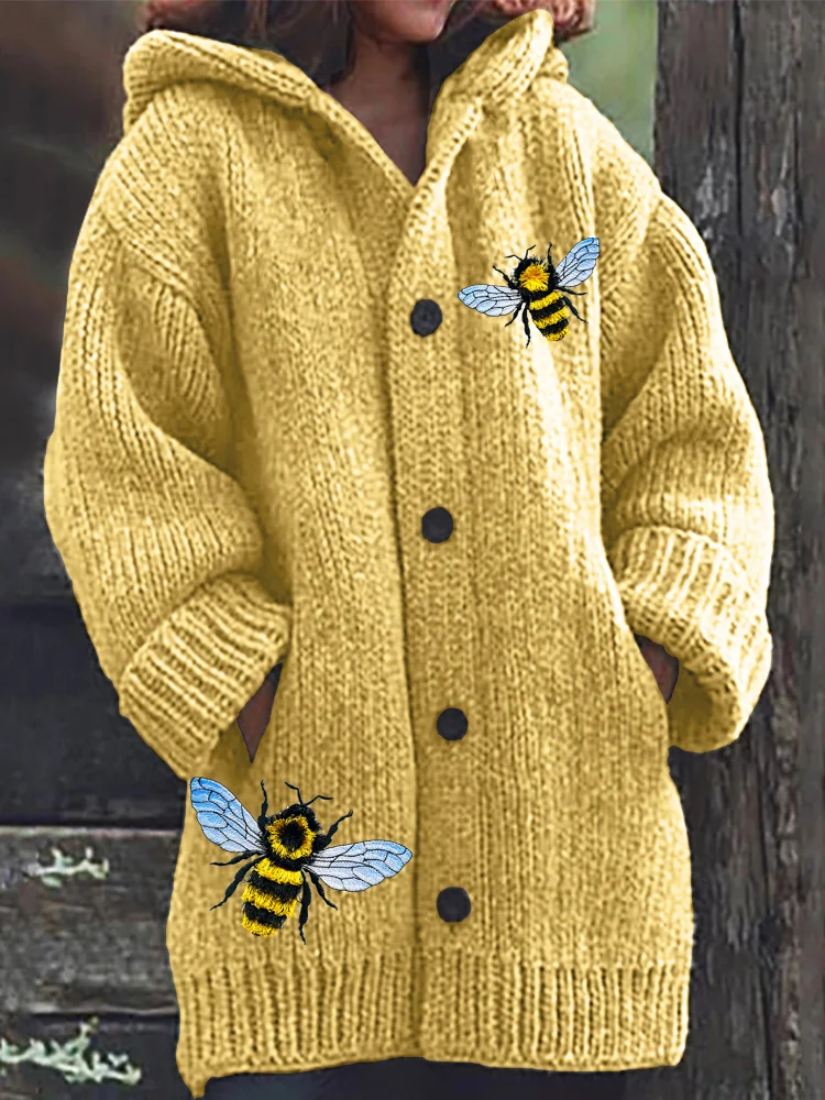 Comstylish Fringed Bee Cute Honeybee Insect Embroidery Comfy Hooded Cardigan