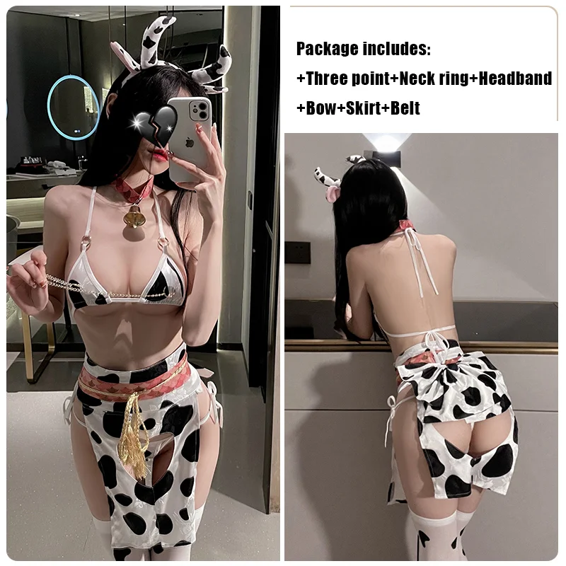 Billionm OJBK Kawaii Cow Maid Cosplay Japanese Anime Halter Mini Apron Outfit Cute Milk Bikini Lingerie Set For Women Animal Cow Costume