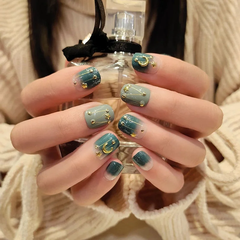 Girls Sweet Candy Color Fake Nail Patch Gradient Purple Shining Rhinestone False Nails DIY Short Full Cover Nail Art Stickers-Nail Inspo