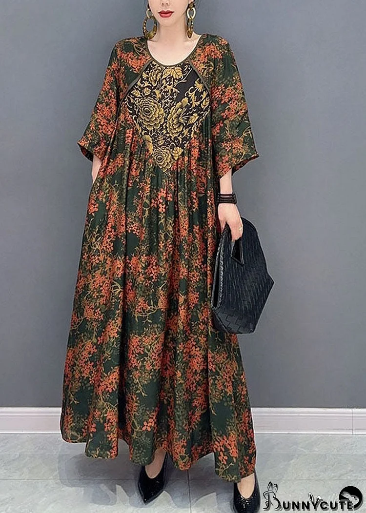 Beautiful Green O Neck Print Patchwork Cotton Maxi Dresses Spring