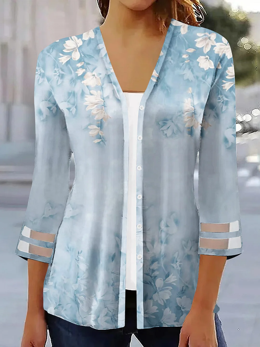 Women's 3/4 Sleeve V-neck Floral Printed Cardigan Top