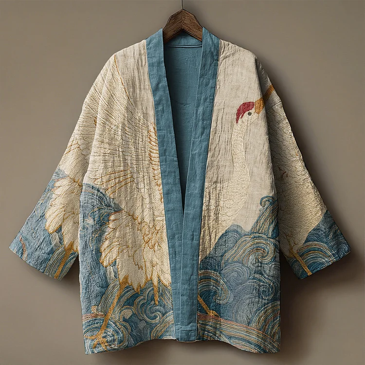 Japanese The Waves and the White Crane embroidered printed linen kimono cardigan