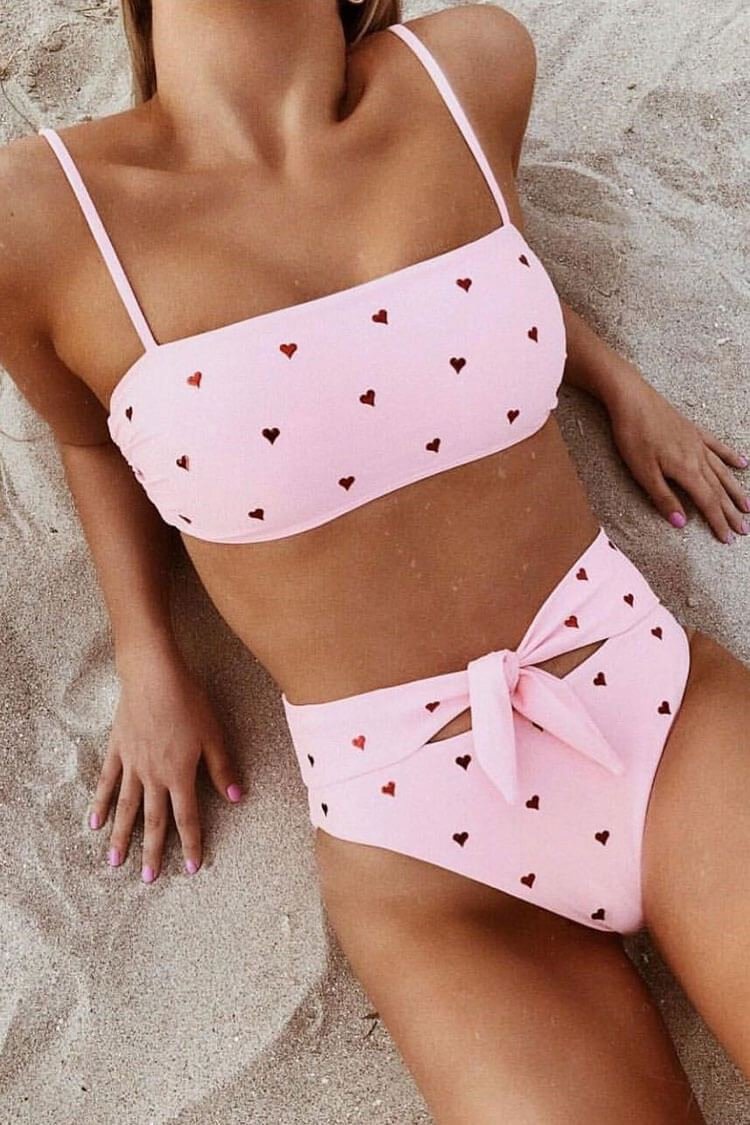 High Waisted Knotted Hearts Printed Bandeau Bikini Swimsuit - Two Piece Set - Shop Trendy Women's Clothing | LoverChic