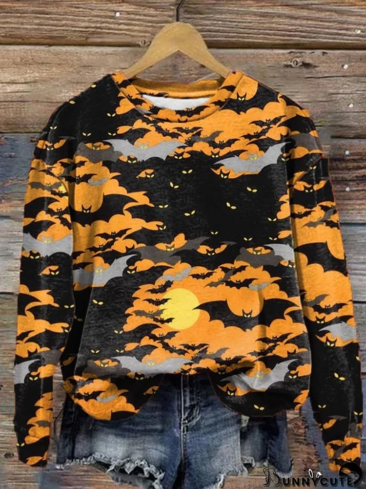 Women's Halloween Spooky Night Bats Print Sweatshirt