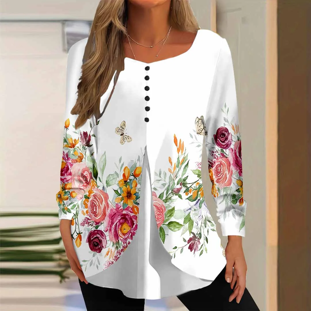 Women Floral,White DZGG8296 Long Sleeve Scoop Neck Printed Graphic Button Fake 2in1 Tops