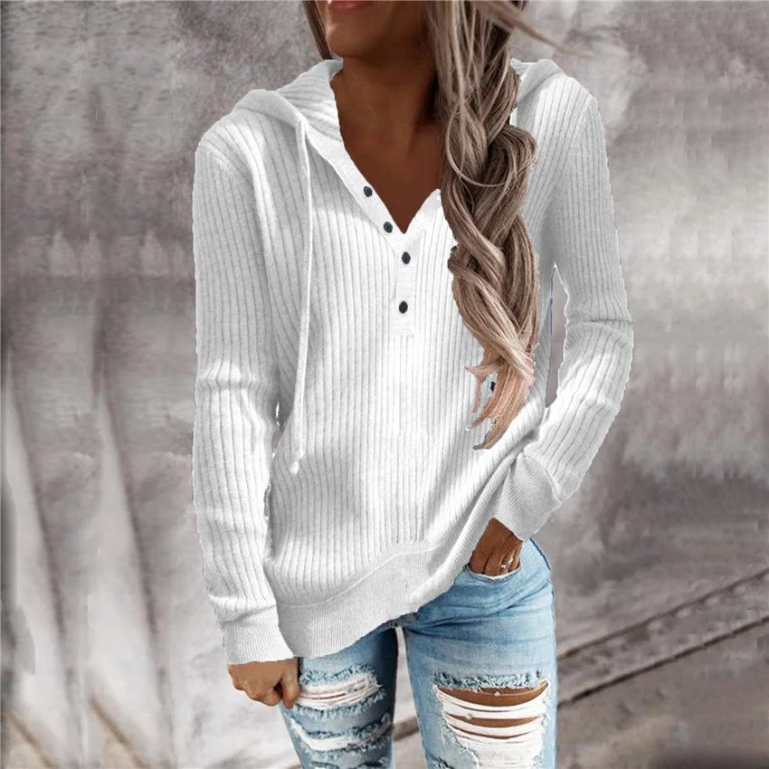 Striped Casual Hoodie Loose Open Neck Long Sleeve Sweater-Mixcun