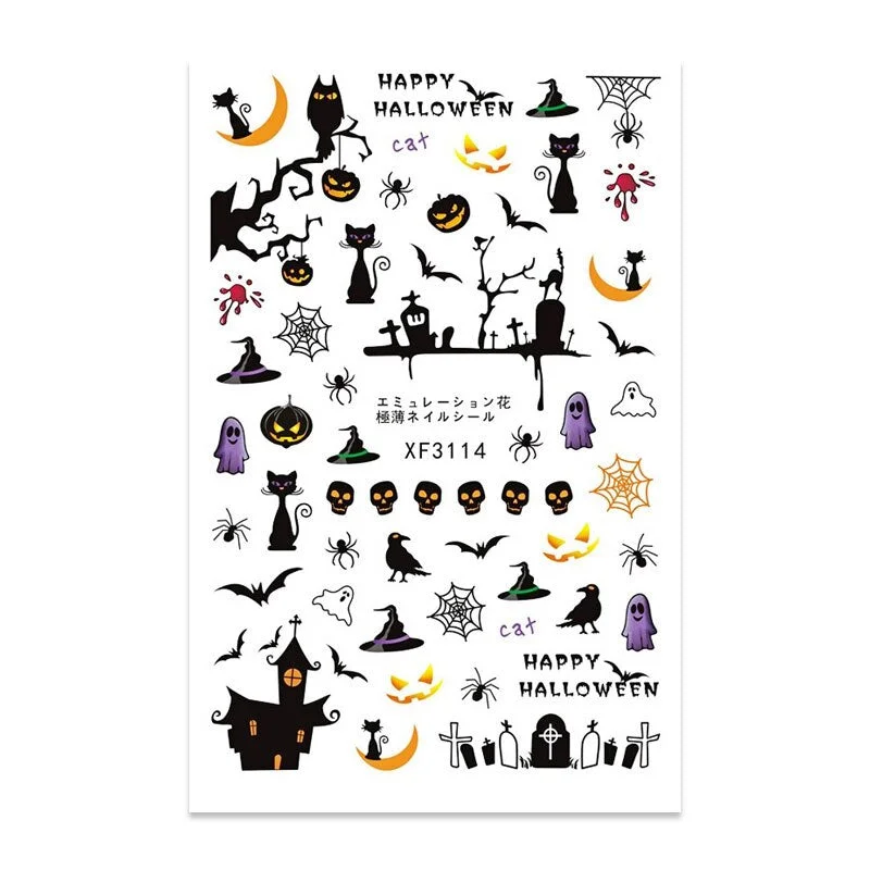 12pcs/pack Halloween Nail Art Sticker Mixed Pumpkin Ghost Devil Skull Self Designs 3D Nail Sticker Decals Wrap Decorations Foils-Nail Inspo