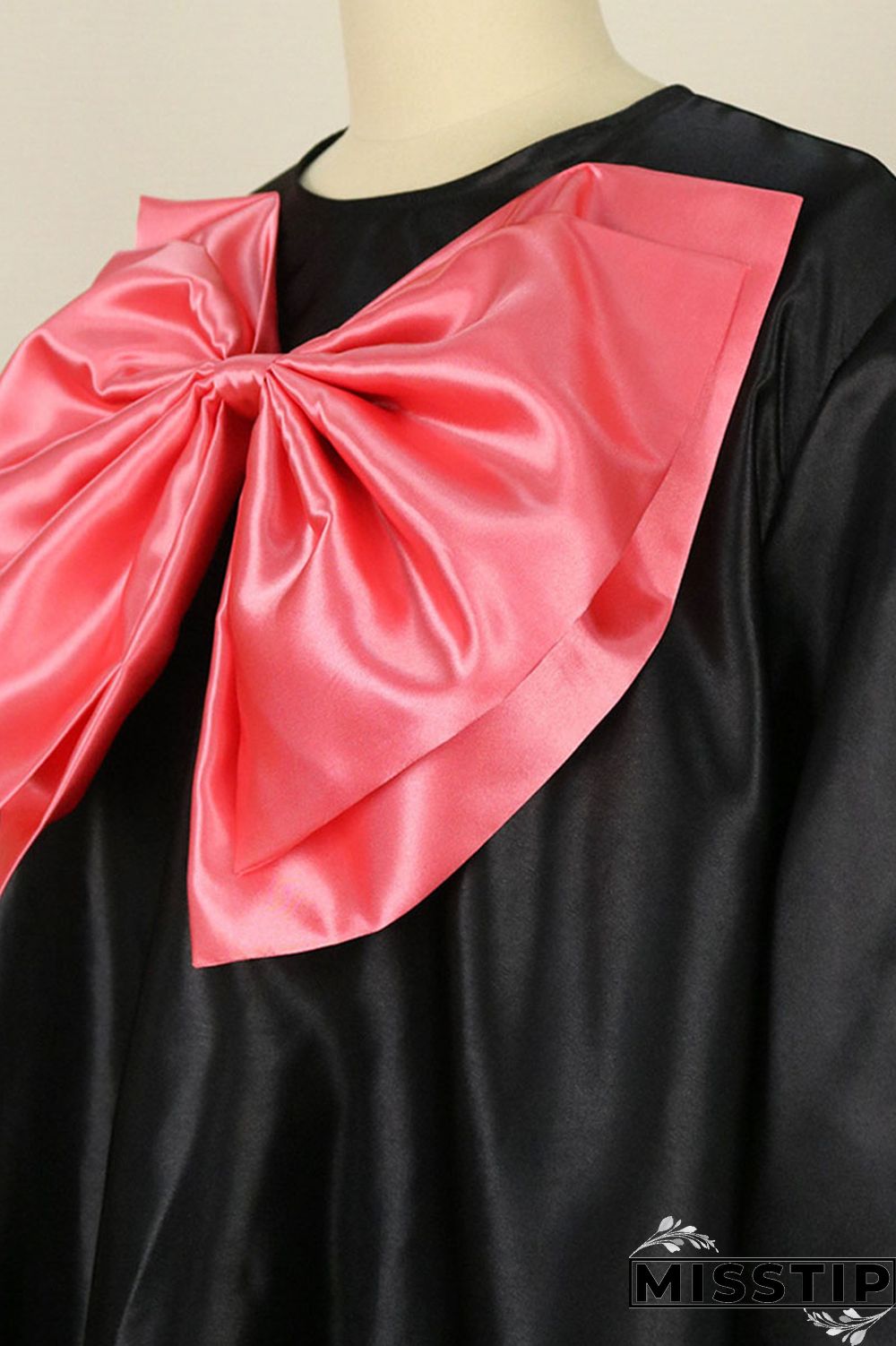 Black Casual Sweet Solid Patchwork With Bow O Neck A Line Plus Size Dresses