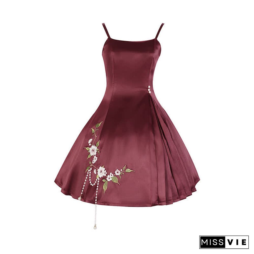 Vintage Blossom Embroidery Pearl Chain Top Slip Dress