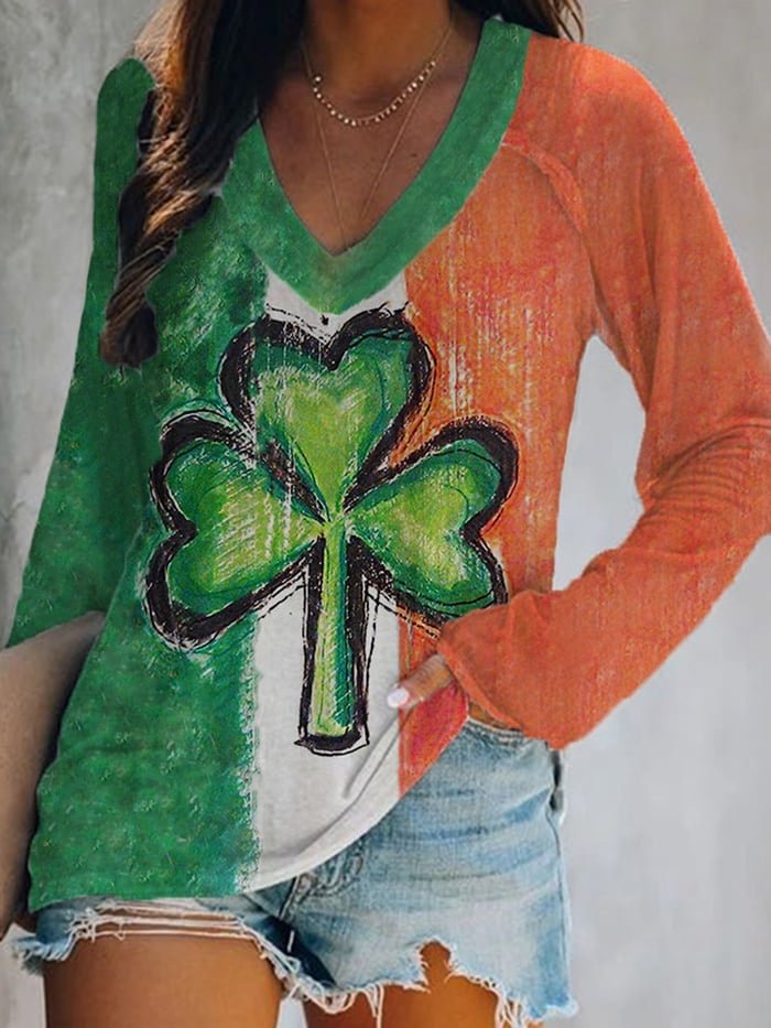 Women's St Patricks Day Lucky Clover Print Casual Long Sleeve T-Shirt