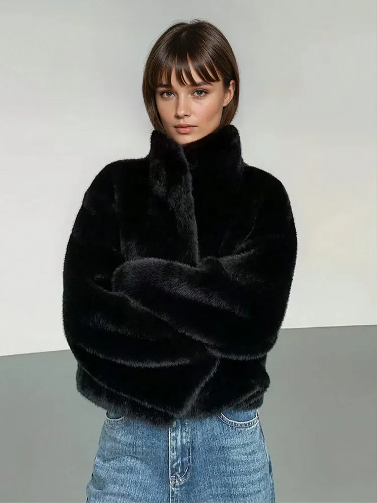Elegant Black Faux Fur Coat For Women Stand Collar Long Sleeve Regular Fit Winter Wardrobe Essential