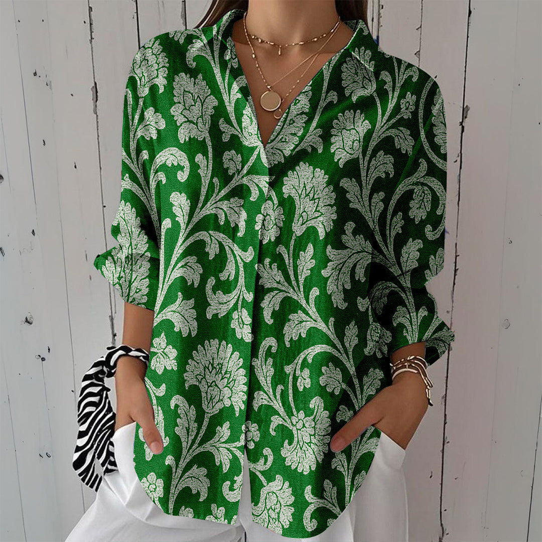 Women Long Sleeve V-neck Graphic Floral Printed Top