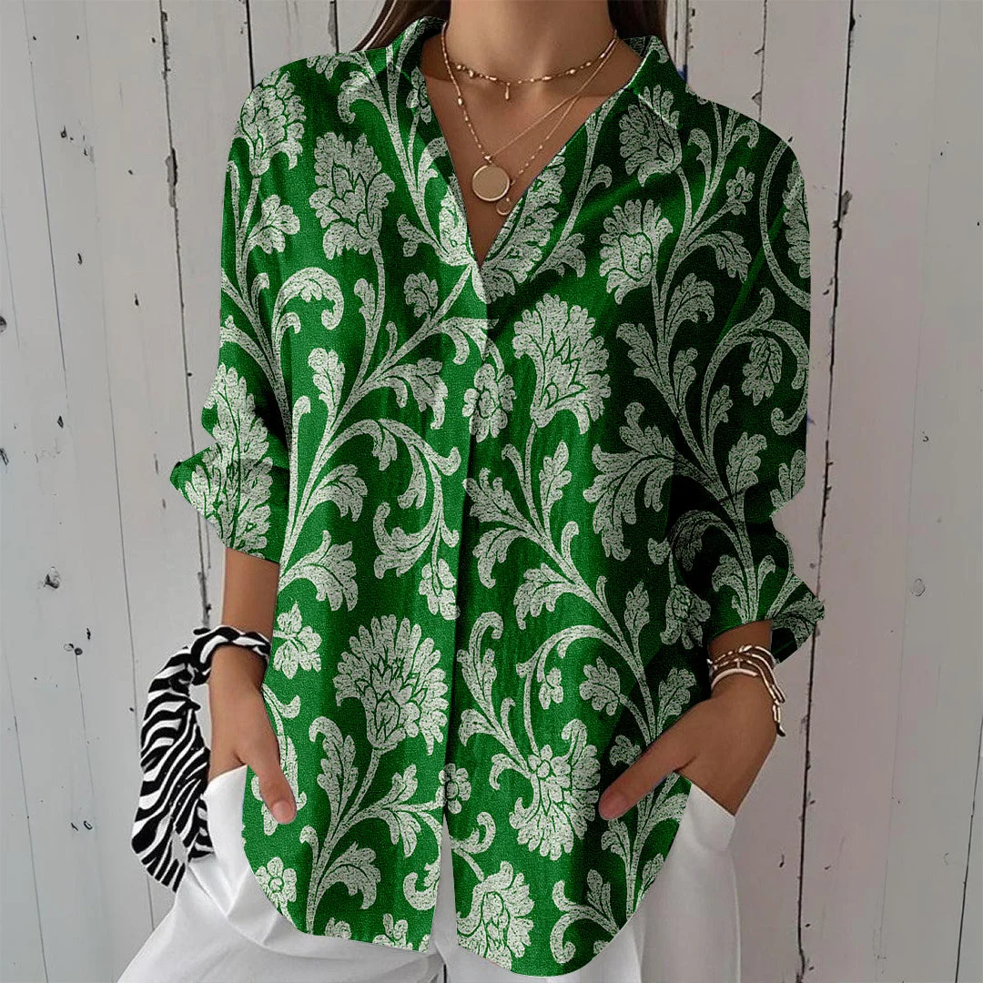 Style & Comfort for Mature Women Women Leaves, Green DZCL0170 3/4 Sleeve Shirt Collar Printed Button Tops
