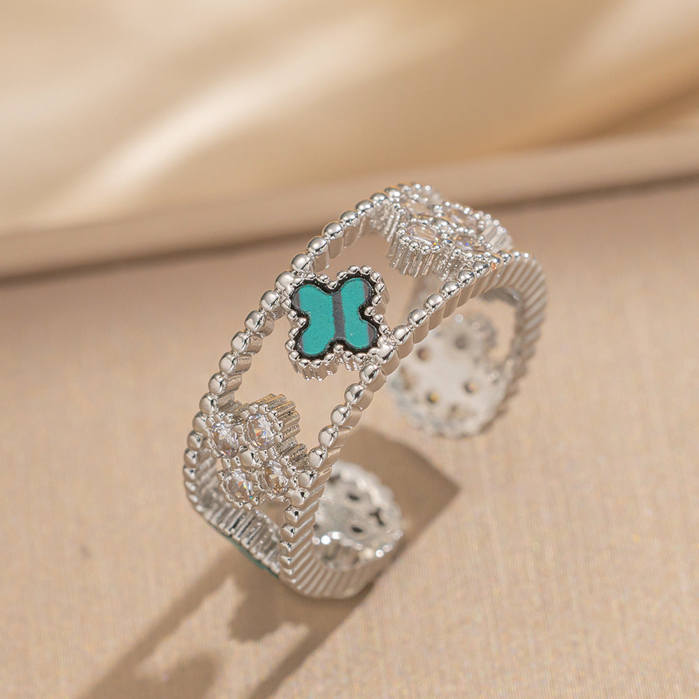 Ring Niche Four-Leaf Clover Zircon Ring Female Retro Open Adjustable Ring