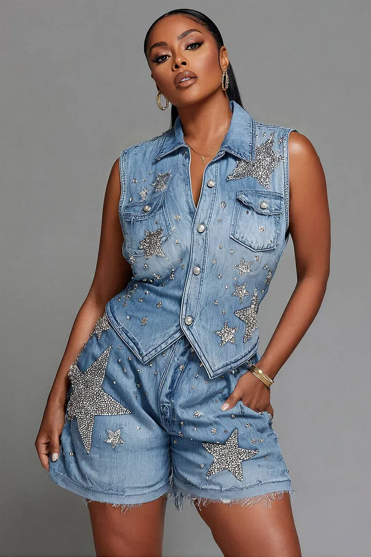 Xpluswear Design Plus Size Party Light Blue Shirt Collar Drilling Pocket Denim Two Piece Short Sets [Pre-Order] 2024 - Xpluswear