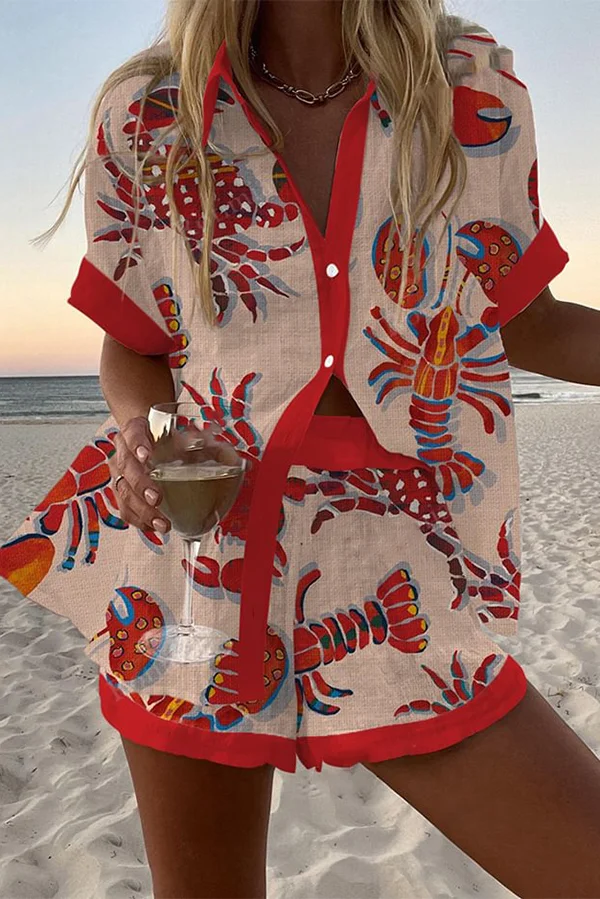 Lobster and Crab Print Loose Button Elastic Waist Shorts Set