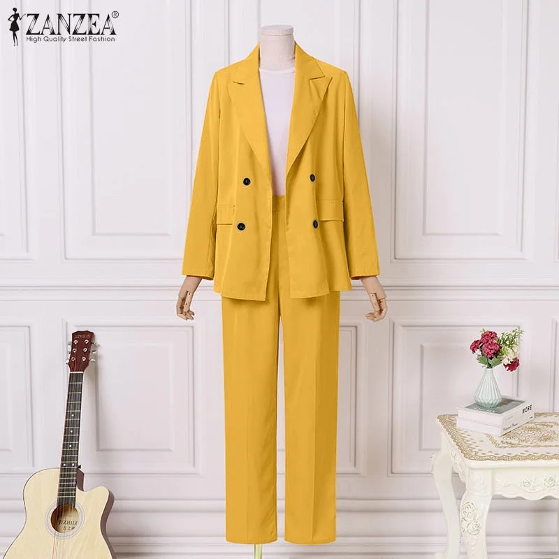 Fashion Women's Business Sets 2022 Summer OL Long Sleeve Shirts and High Waist Pants ZANZEA Casual Solid Oversized Sreetwear