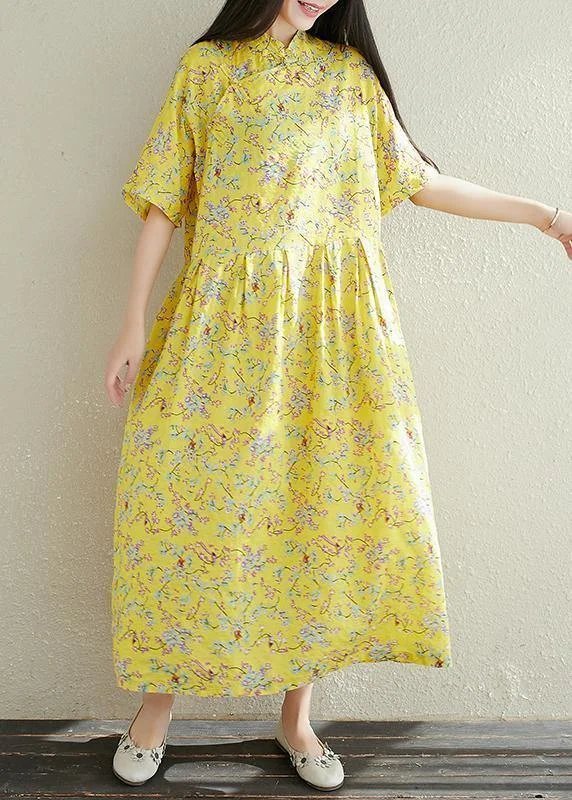 Women yellow prints cotton clothes For Women stand collar A Line summer Dresses