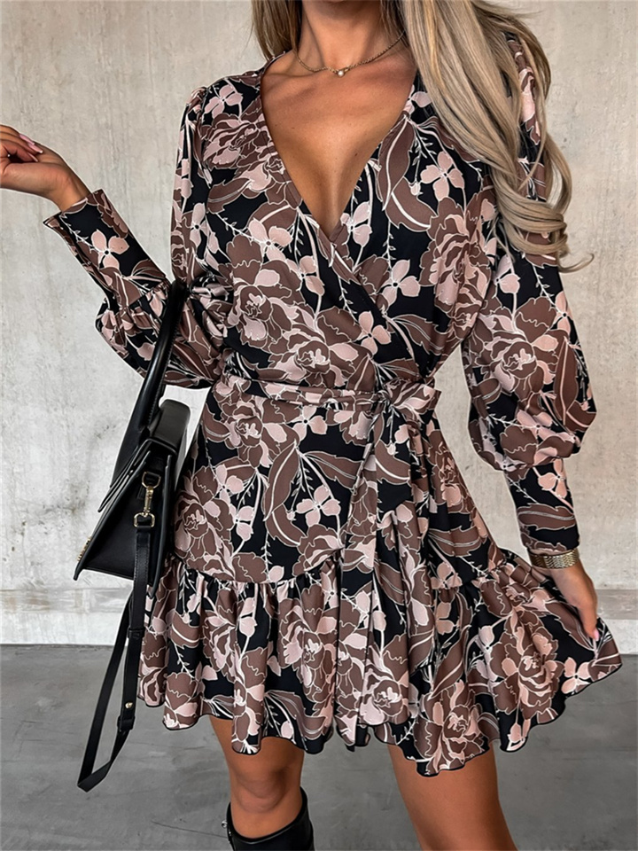 Dress Spring New Floral Midriff Women's V-neck Princess Sleeve Long-sleeved Tied Print Waist Tie In The Skirt Shirt Dress Female Fresh Sweet Style