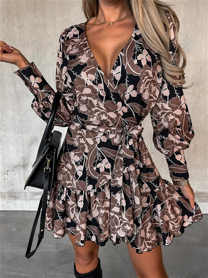 Dress Spring New Floral Midriff Women's V-neck Princess Sleeve Long-sleeved Tied Print Waist Tie In The Skirt Shirt Dress Female Fresh Sweet Style-Cosfine