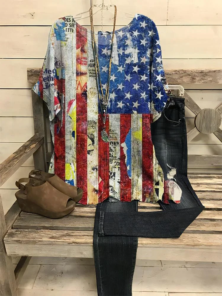 Women's Flag Printing Round Neck Half-sleeve Casual T-shirt
