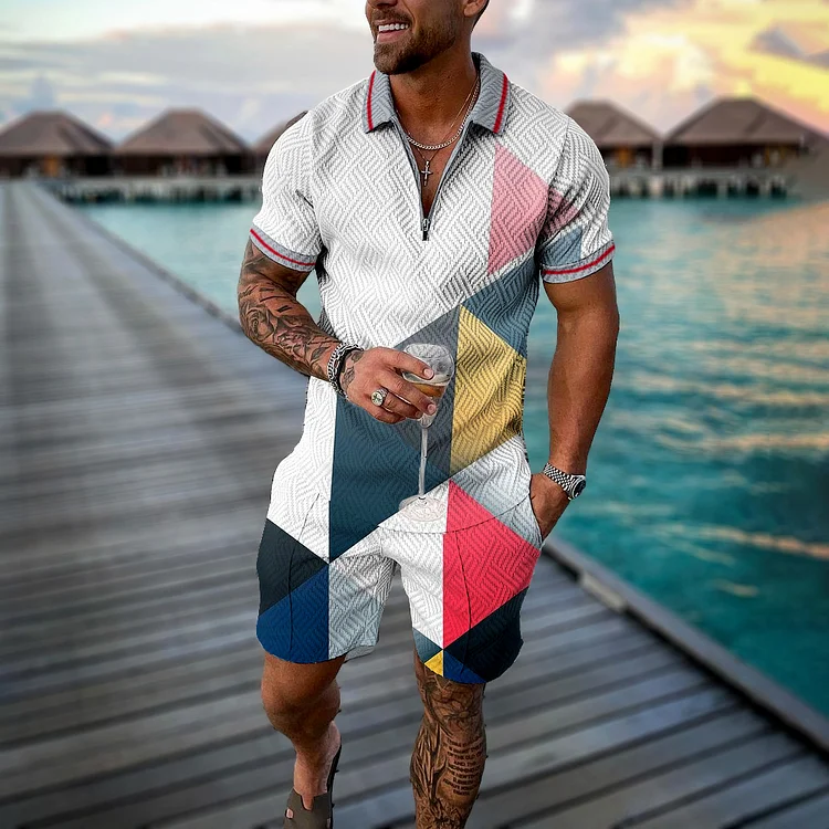 Broswear Color Gradient Geometry Polo Shirt And Shorts Co-Ord