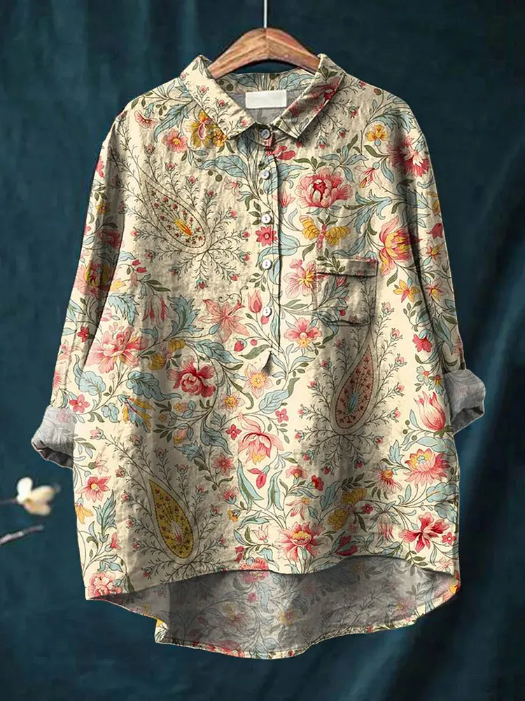 Vintage Floral Art Patchwork Cotton And Linen Shirt