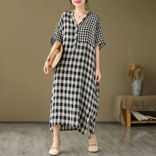 Summer Casual Linen Patchwork Plaid Dress