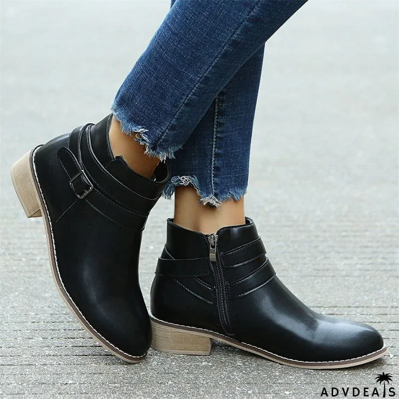 British Style Side Zipper Chunky Heels Metal Buckle Ankle Boots