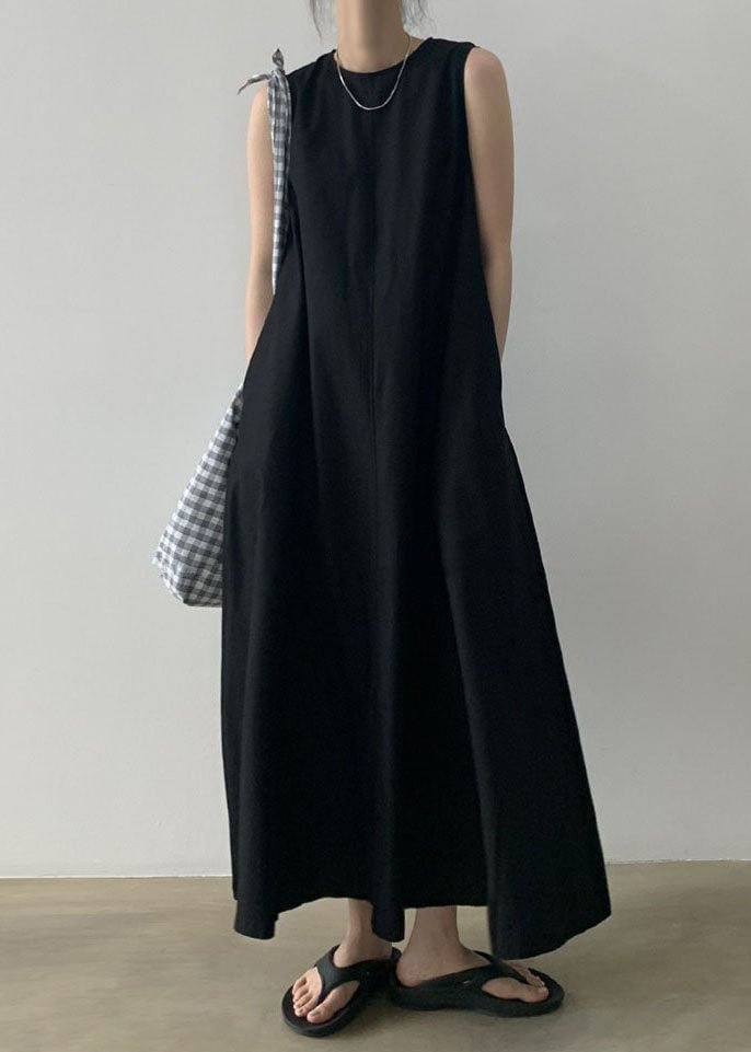 Black O-Neck Cotton Robe Dresses Sleeveless CK277- Fabulory