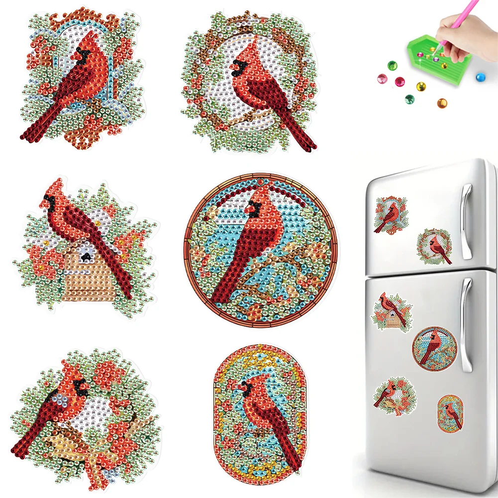 6Pcs Christmas Cardinal Fridge Stickers Diamond Painting Art Magnets Decals