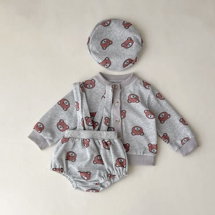 Baby Bear Cardigan Overalls Hat 3 Pieces Set