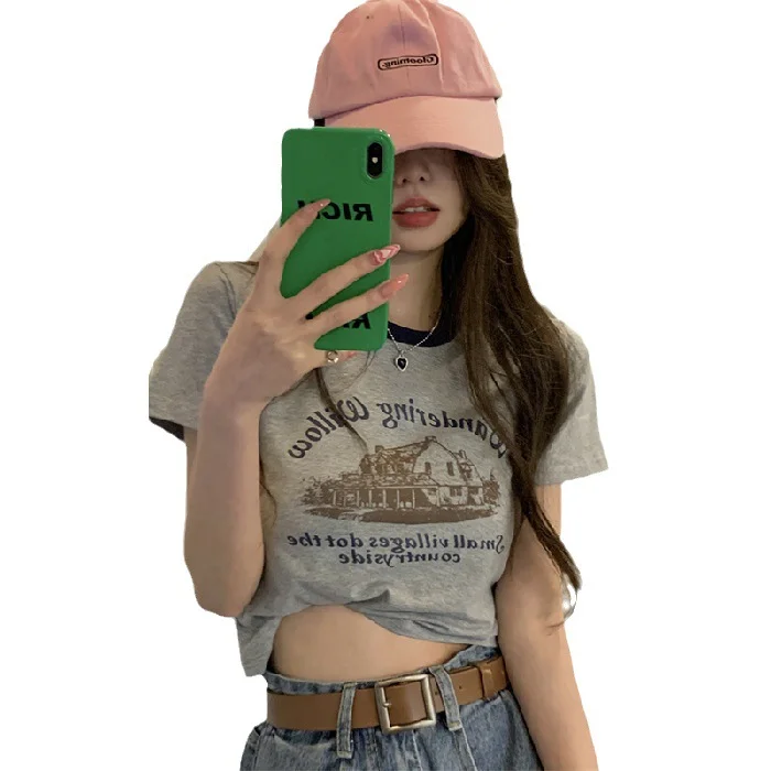 Uveng Uveng Print Short Sleeve T-Shirt Women's Color Round Collar Bottom Shirt 2024 Summer Hot Girl Short Student Top