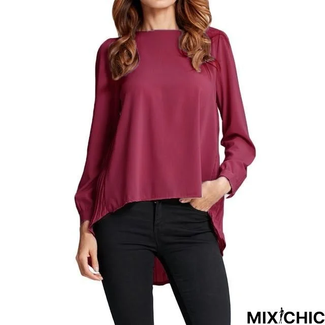 Chiffon Blouse Pleated Back Long Sleeve Asymmetric Shirt Loose Casual Plus Size Tops