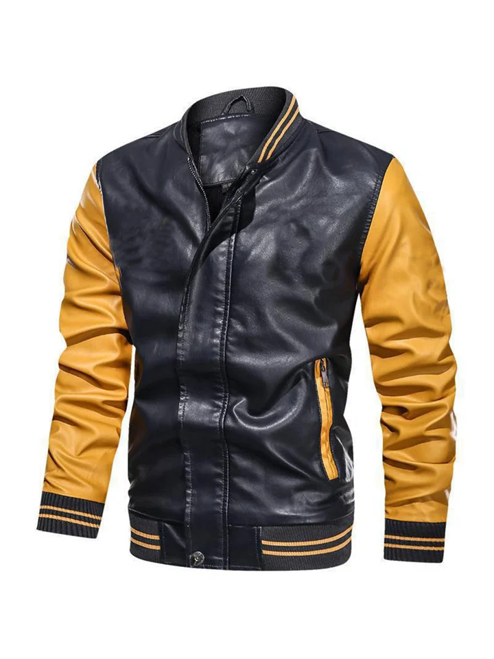 Men's Solid Color Insert Color Collision Threaded Cuffs PU Leather Jacket Men's Casual Stand-up Collar Zipper Jacket Man-Cosfine
