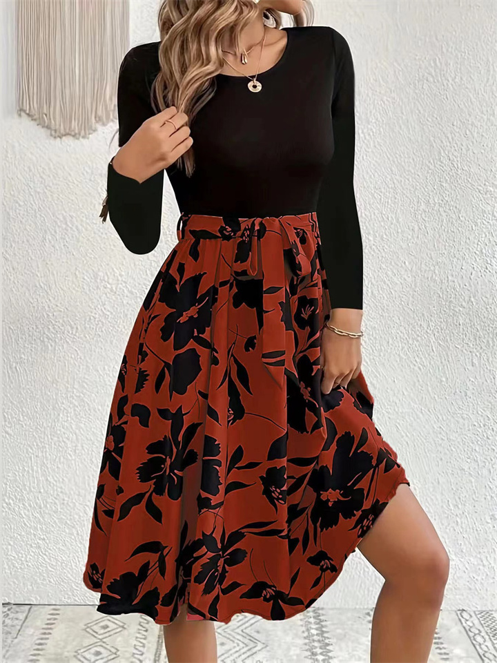 Women's Dresses Fall and Winter New Printed Dress Round Neck Tie Dresses-JRSEE