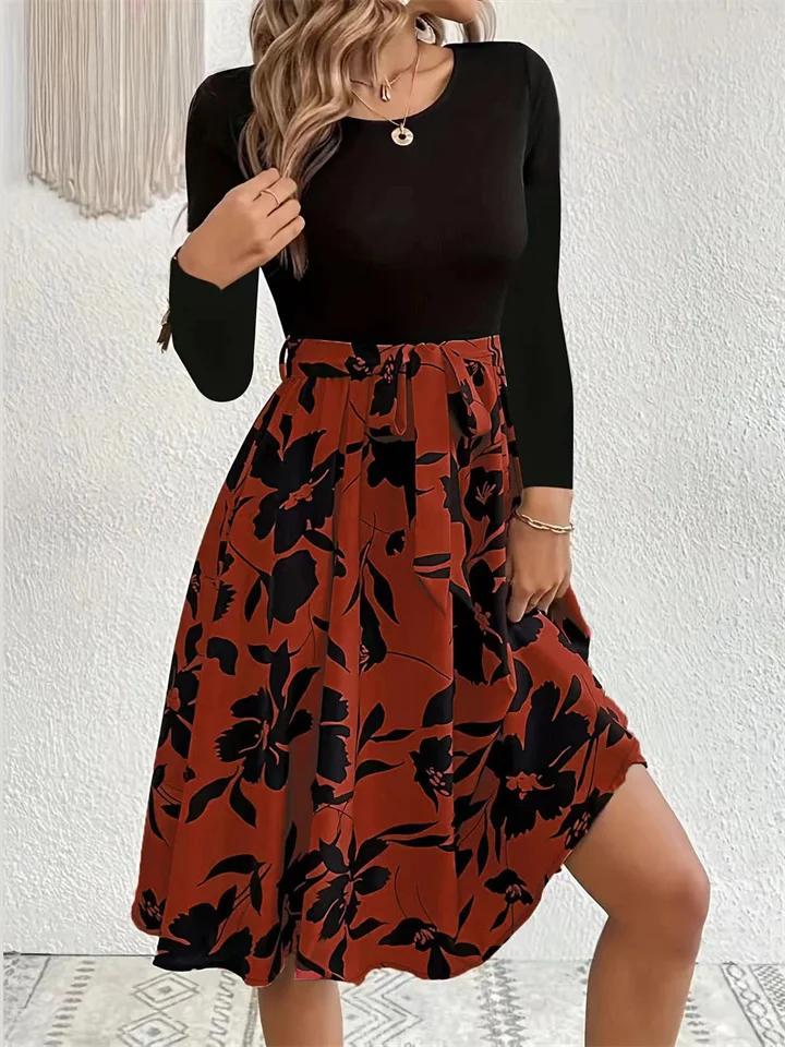 Women's Dresses Fall and Winter New Printed Dress Round Neck Tie Dresses-JRSEE