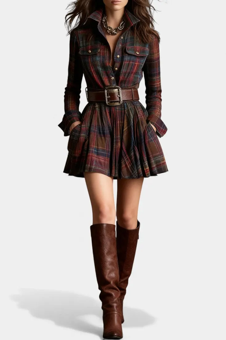 Plaid Shirt Dress with Belt and Pleated Skirt
