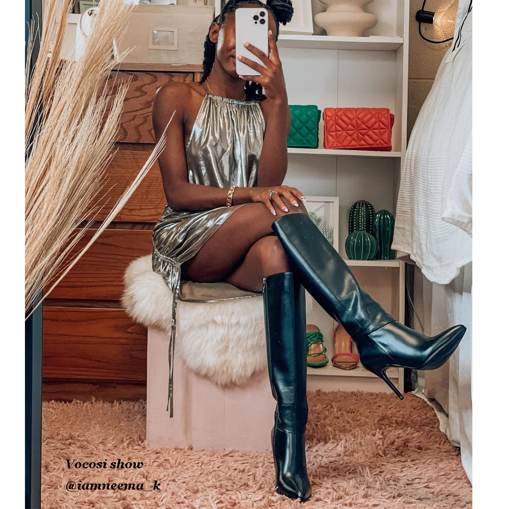 9.5cm Zipper Leather Mid Heels Knee Boots Black-MERUMOTE