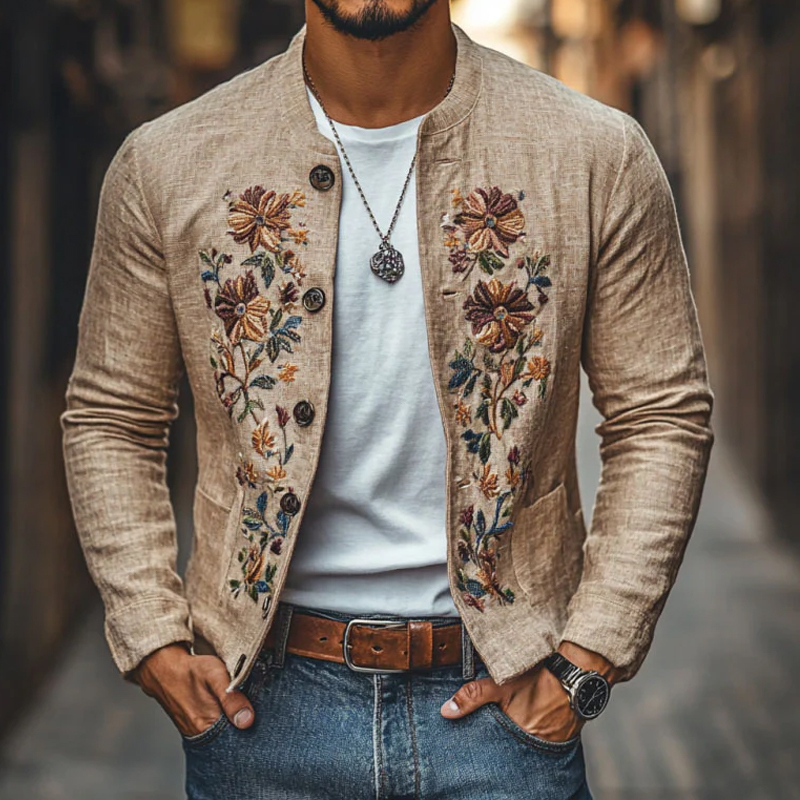 Men's Embroidered Cotton And Linen Jacket