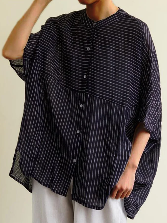 Women's Cotton And Linen Loose Striped Casual Blouse