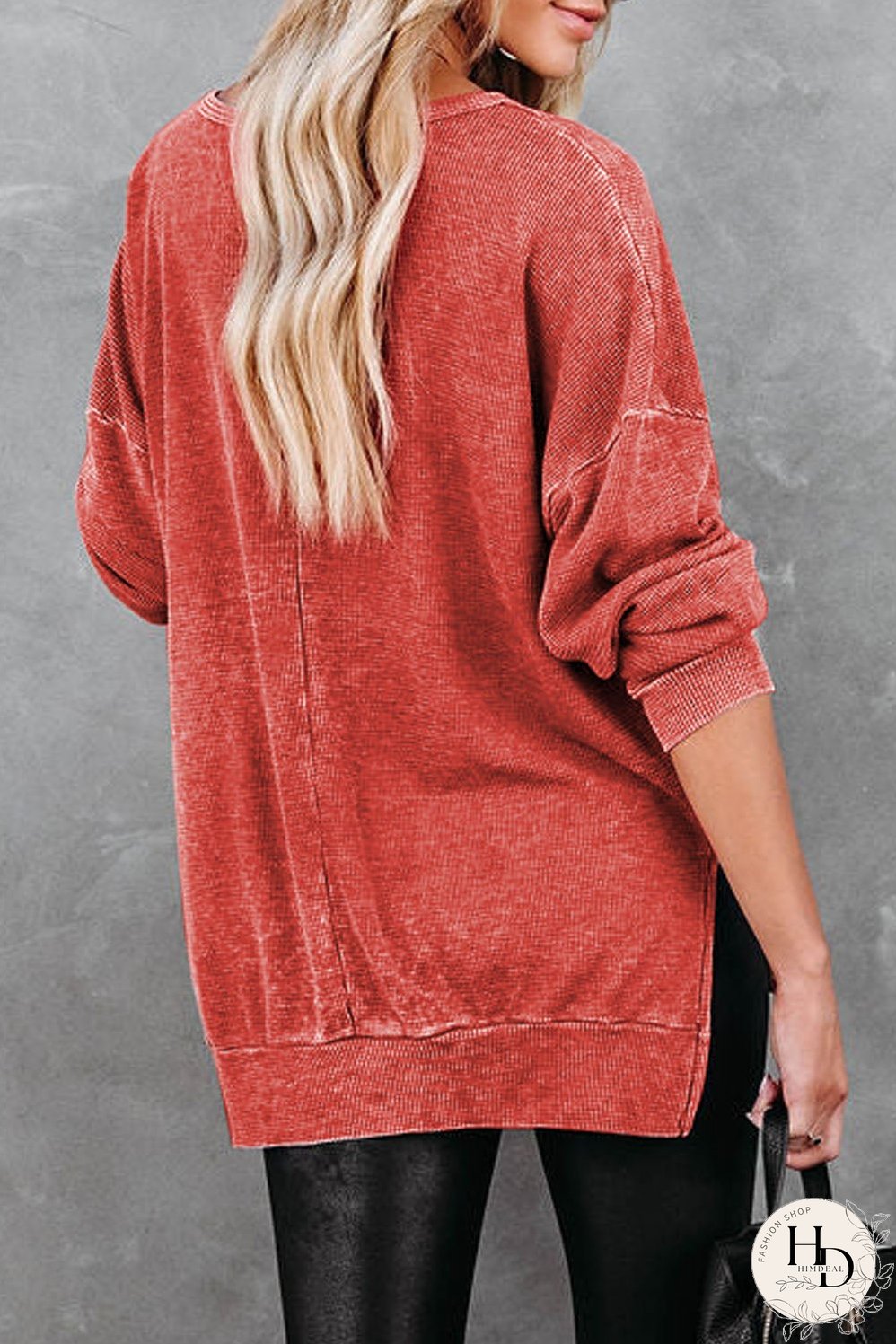 Washed Red Waffle Knit Side Slit Long Sleeve Top
