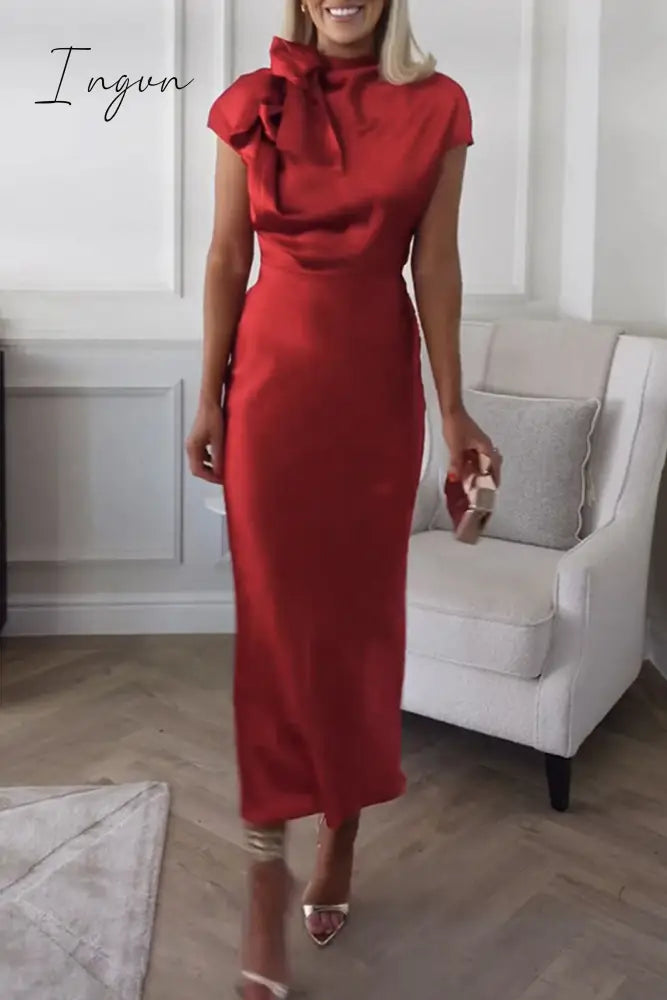 Celebrities Elegant Solid Bandage Half A Turtleneck Sleeveless Dress Dresses Red / S Dresses/Casual