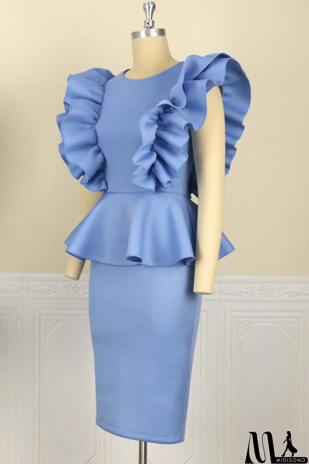 MidiSono - Sky Blue Fashion Sexy Solid Split Joint Flounce O Neck Pencil Dresses