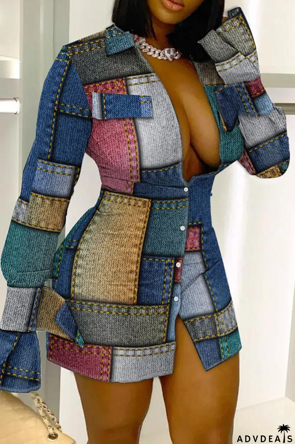 Black Casual Print Patchwork Turndown Collar Shirt Dress Dresses