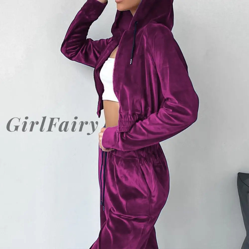 Girlfairy 2023 Autumn Womens Fashion Sports Hoodie Straight-Leg Pants Gold Velvet 2-Piece Suit