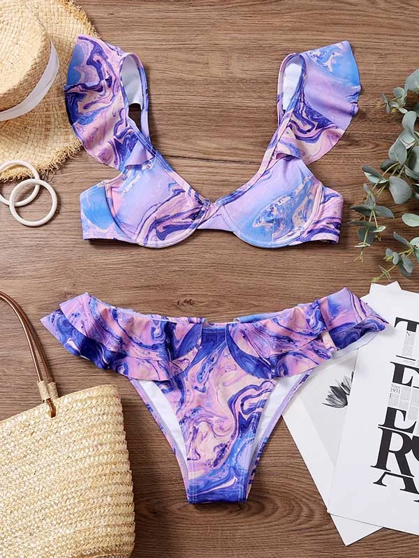 Tie-Dye Ruffled Sweatheart Bikini Swimwear