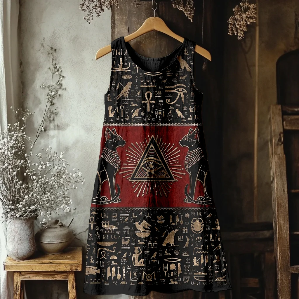 Egyptian Cats And Eye Of Horus Linen Midi Dress