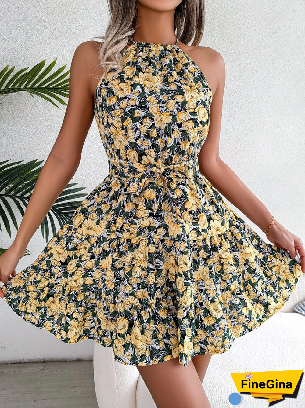 Elegant Floral Print Halter Dress For Women Summer Dresses New Casual Lace-up Ruffled High Waist A-line Mini Dress